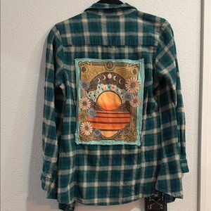 Women's Teal Plaid Button-Down Shirt with Sunrise Patch